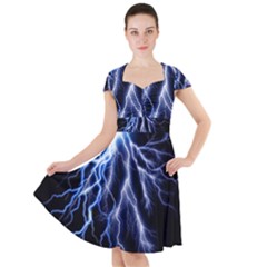 Blue Lightning At Night, Modern Graphic Art  Cap Sleeve Midi Dress by picsaspassion