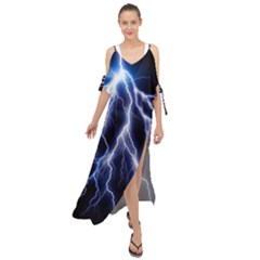 Blue Lightning At Night, Modern Graphic Art  Maxi Chiffon Cover Up Dress by picsaspassion