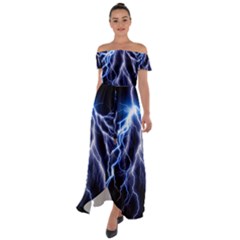 Blue Lightning At Night, Modern Graphic Art  Off Shoulder Open Front Chiffon Dress by picsaspassion