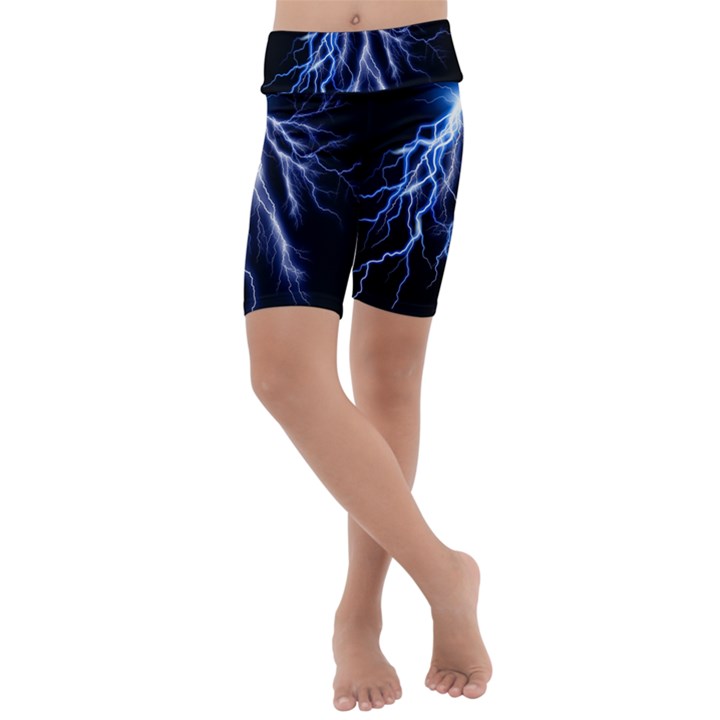 Blue Lightning at night, modern graphic art  Kids  Lightweight Velour Cropped Yoga Leggings