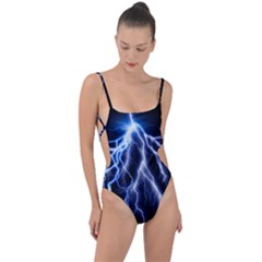 Blue Lightning At Night, Modern Graphic Art  Tie Strap One Piece Swimsuit by picsaspassion