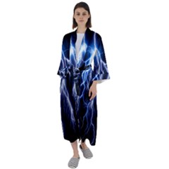 Blue Lightning At Night, Modern Graphic Art  Maxi Satin Kimono by picsaspassion