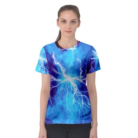 Blue Lightning Thunder At Night, Graphic Art 3 Women s Sport Mesh Tee by picsaspassion