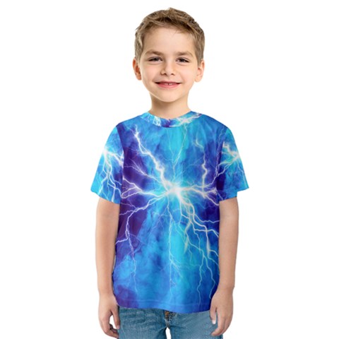 Blue Lightning Thunder At Night, Graphic Art 3 Kids  Sport Mesh Tee by picsaspassion