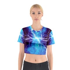 Blue Lightning Thunder At Night, Graphic Art 3 Cotton Crop Top by picsaspassion