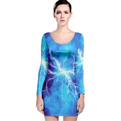 Blue Lightning Thunder At Night, Graphic Art 3 Long Sleeve Velvet Bodycon Dress