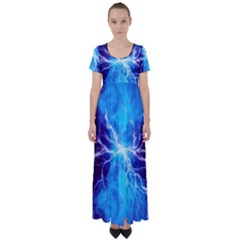 Blue Lightning Thunder At Night, Graphic Art 3 High Waist Short Sleeve Maxi Dress by picsaspassion