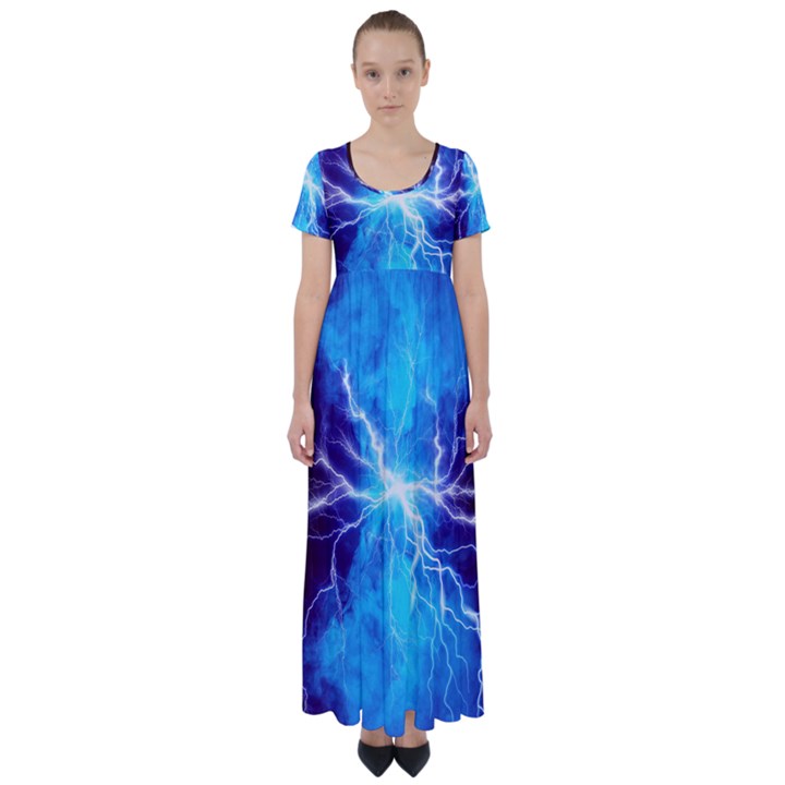 Blue Lightning thunder at night, graphic art 3 High Waist Short Sleeve Maxi Dress