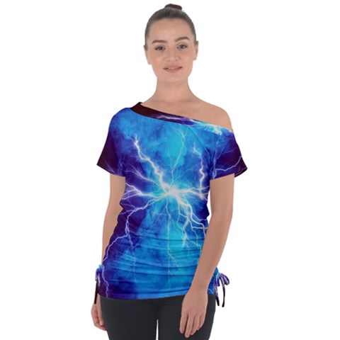 Blue Lightning Thunder At Night, Graphic Art 3 Tie-up Tee by picsaspassion