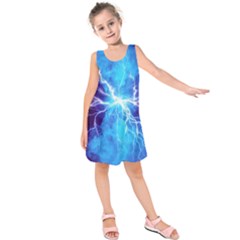 Blue Lightning Thunder At Night, Graphic Art 3 Kids  Sleeveless Dress by picsaspassion