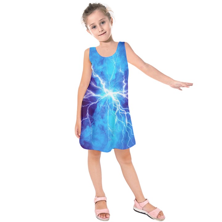 Blue Lightning thunder at night, graphic art 3 Kids  Sleeveless Dress