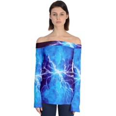 Blue Lightning Thunder At Night, Graphic Art 3 Off Shoulder Long Sleeve Top by picsaspassion