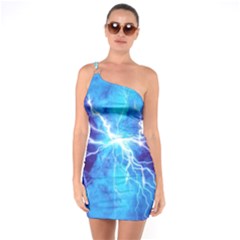 Blue Lightning Thunder At Night, Graphic Art 3 One Soulder Bodycon Dress by picsaspassion