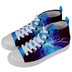 Blue Lightning Thunder At Night, Graphic Art 3 Women s Mid-top Canvas Sneakers by picsaspassion