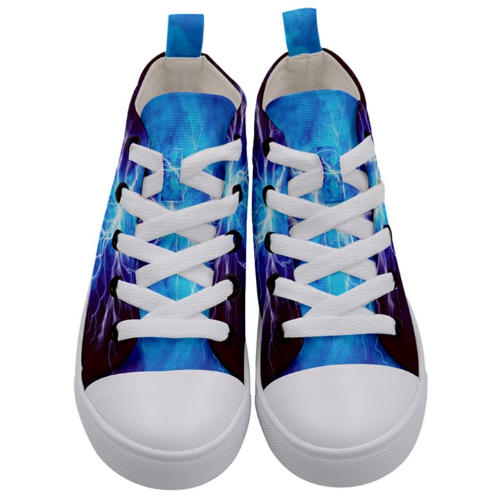 Blue Lightning thunder at night, graphic art 3 Kids  Mid-Top Canvas Sneakers