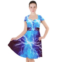 Blue Lightning Thunder At Night, Graphic Art 3 Cap Sleeve Midi Dress by picsaspassion