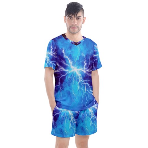 Blue Lightning Thunder At Night, Graphic Art 3 Men s Mesh Tee And Shorts Set by picsaspassion