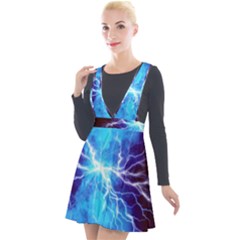 Blue Lightning Thunder At Night, Graphic Art 3 Plunge Pinafore Velour Dress by picsaspassion