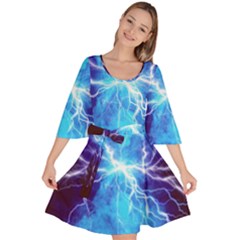 Blue Lightning Thunder At Night, Graphic Art 3 Velour Kimono Dress by picsaspassion