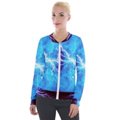 Blue Lightning Thunder At Night, Graphic Art 3 Velvet Zip Up Jacket by picsaspassion