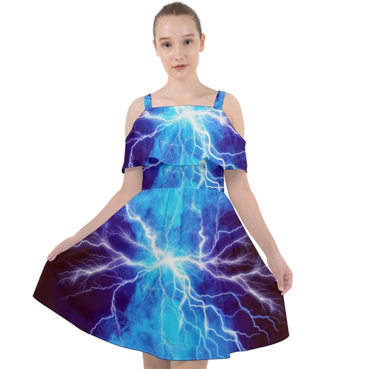 Blue Lightning thunder at night, graphic art 3 Cut Out Shoulders Chiffon Dress