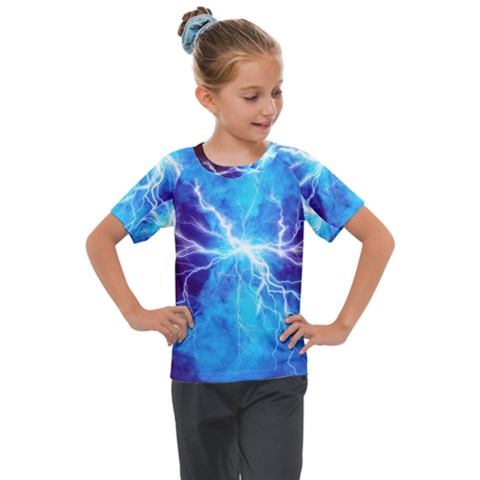 Blue Lightning Thunder At Night, Graphic Art 3 Kids  Mesh Piece Tee by picsaspassion