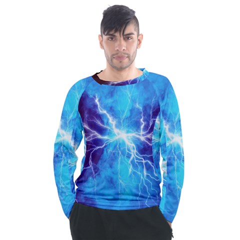 Blue Lightning Thunder At Night, Graphic Art 3 Men s Long Sleeve Raglan Tee by picsaspassion