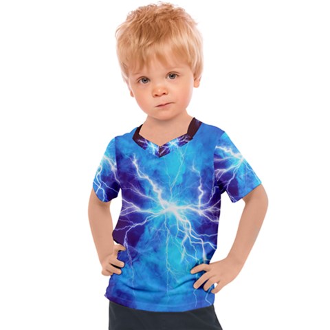 Blue Lightning Thunder At Night, Graphic Art 3 Kids  Sports Tee by picsaspassion