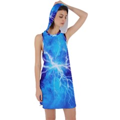 Blue Lightning Thunder At Night, Graphic Art 3 Racer Back Hoodie Dress by picsaspassion