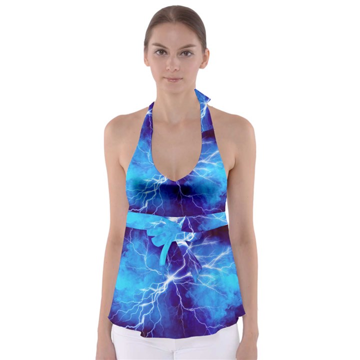 Blue thunder Lightning at night, graphic art Babydoll Tankini Top