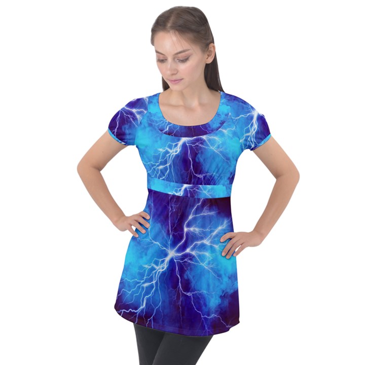 Blue thunder Lightning at night, graphic art Puff Sleeve Tunic Top