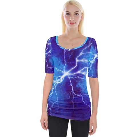 Blue Thunder Lightning At Night, Graphic Art Wide Neckline Tee by picsaspassion