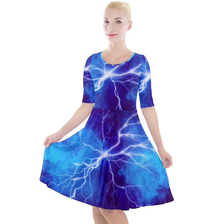 Blue thunder Lightning at night, graphic art Quarter Sleeve A-Line Dress