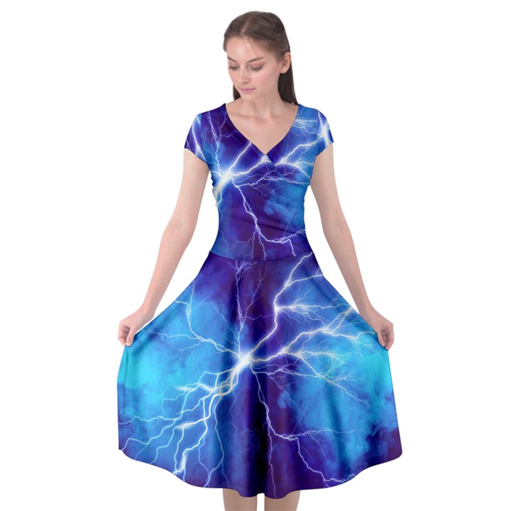 Blue thunder Lightning at night, graphic art Cap Sleeve Wrap Front Dress