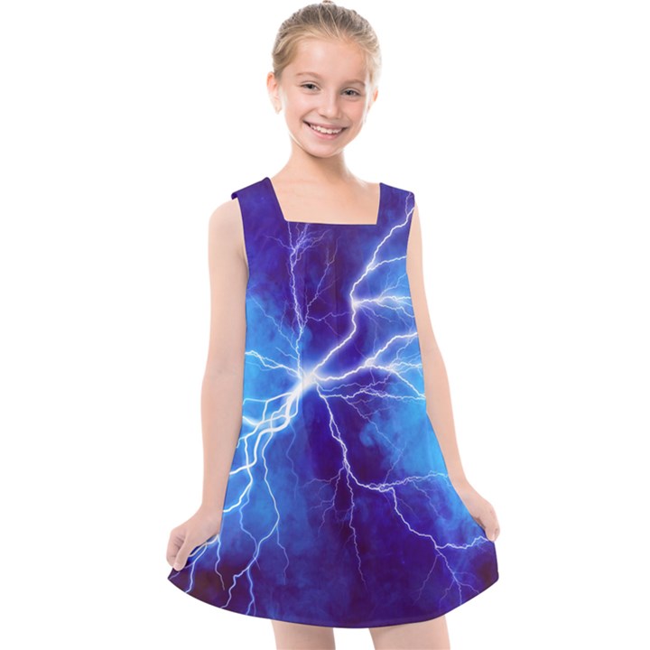 Blue thunder Lightning at night, graphic art Kids  Cross Back Dress