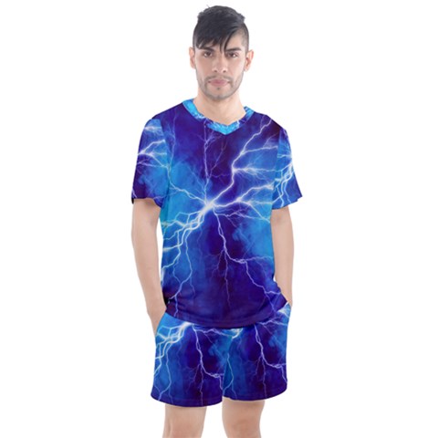 Blue Thunder Lightning At Night, Graphic Art Men s Mesh Tee And Shorts Set by picsaspassion