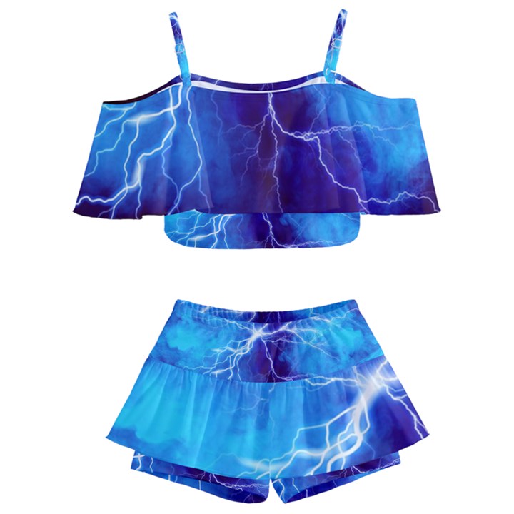 Blue thunder Lightning at night, graphic art Kids  Off Shoulder Skirt Bikini