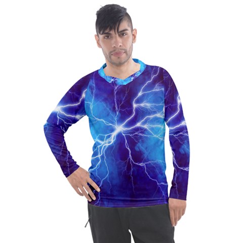 Blue Thunder Lightning At Night, Graphic Art Men s Pique Long Sleeve Tee by picsaspassion