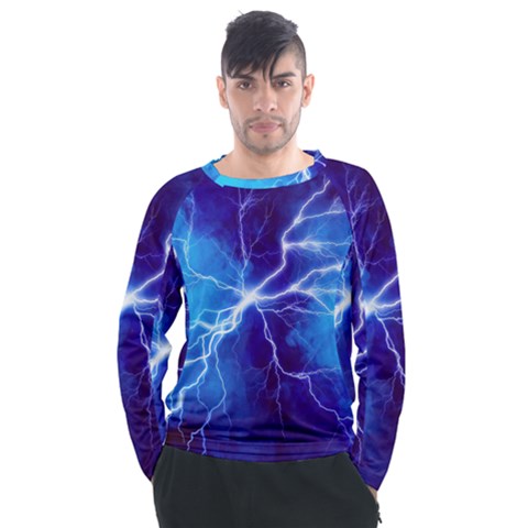 Blue Thunder Lightning At Night, Graphic Art Men s Long Sleeve Raglan Tee by picsaspassion