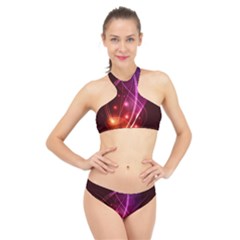  Colorful Arcs In Neon Light, Modern Graphic Art High Neck Bikini Set by picsaspassion