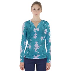 Blue Autumn Maple Leaves Collage, Graphic Design V-neck Long Sleeve Top by picsaspassion