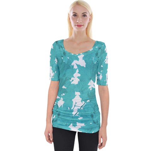 Blue Autumn Maple Leaves Collage, Graphic Design Wide Neckline Tee by picsaspassion