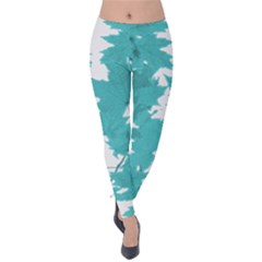 Blue Autumn Maple Leaves Collage, Graphic Design Velvet Leggings