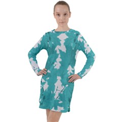 Blue Autumn Maple Leaves Collage, Graphic Design Long Sleeve Hoodie Dress