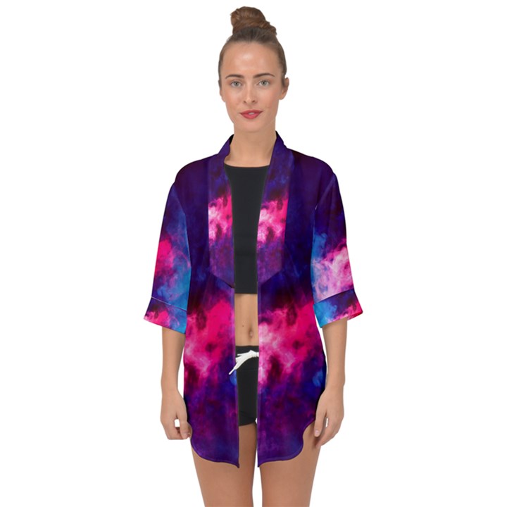 Colorful Pink and Blue Disco smoke - mist, digital art Open Front Chiffon Kimono