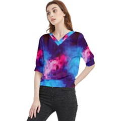 Colorful Pink And Blue Disco Smoke - Mist, Digital Art Quarter Sleeve Blouse