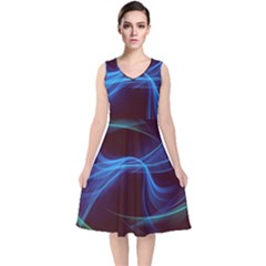 Light Waves In Blue And Green, Graphic Art V-neck Midi Sleeveless Dress  by picsaspassion