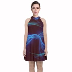 Light Waves In Blue And Green, Graphic Art Velvet Halter Neckline Dress 