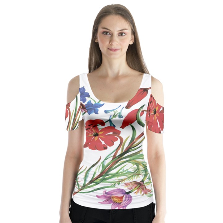 Summer flowers Butterfly Sleeve Cutout Tee 