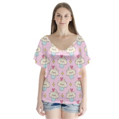 Kawaii Cupcake  V-neck Flutter Sleeve Top by lisamaisak